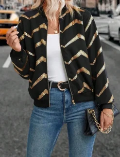 Hot Women's Bomber Jacket Comfortable Breathable Zipper Print Casual Geometric Vacation Street Casual Daily Wear Zipper Short Stand Collar Regular Fit Long Sleeve Outerwear Summer Spring Women Jackets