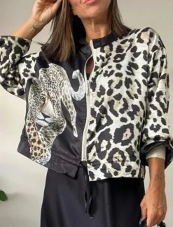 Online Women's Bomber Jacket Comfortable Breathable Zipper Print Casual Leopard Vacation Street Casual Daily Wear Zipper Regular Stand Collar Regular Fit Long Sleeve Outerwear Black White Pink Summer Spring Women Jackets