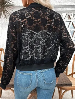 Online Women's Bomber Jacket Comfortable Breathable Lace Patchwork Zipper Elegant Casual Plain Vacation Street Casual Daily Wear Zipper Short Stand Collar Regular Fit Long Sleeve Outerwear Summer Women Jackets
