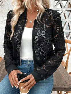 Online Women's Bomber Jacket Comfortable Breathable Lace Patchwork Zipper Elegant Casual Plain Vacation Street Casual Daily Wear Zipper Short Stand Collar Regular Fit Long Sleeve Outerwear Summer Women Jackets