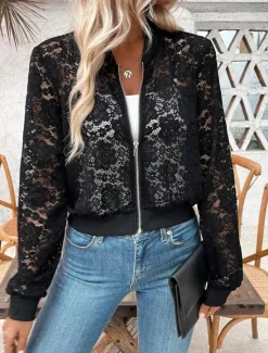 Online Women's Bomber Jacket Comfortable Breathable Lace Patchwork Zipper Elegant Casual Plain Vacation Street Casual Daily Wear Zipper Short Stand Collar Regular Fit Long Sleeve Outerwear Summer Women Jackets