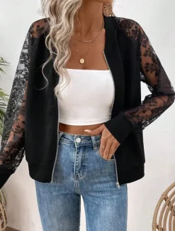 Sale Women's Bomber Jacket Comfortable Breathable Lace Patchwork Zipper Pocket Elegant Casual Plain Vacation Street Casual Daily Wear Zipper Regular Stand Collar Regular Fit Long Sleeve Outerwear Black Women Jackets