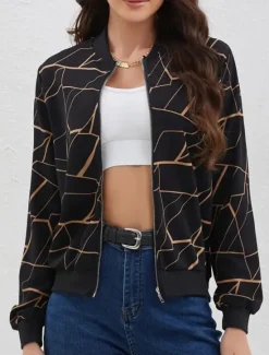 Outlet Women's Bomber Jacket Comfortable Breathable Zipper Print Casual Geometric Vacation Street Casual Daily Wear Zipper Regular Stand Collar Regular Fit Long Sleeve Outerwear Black Wine Navy Blue Spring Women Jackets
