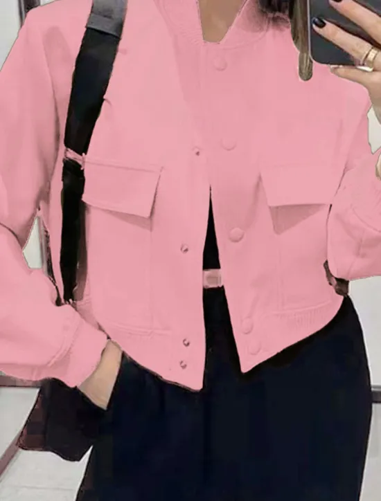 Discount Women's Bomber Jacket Outdoor Street Daily Wear Fall Winter Short Coat Regular Fit Thermal Warm Breathable Stylish Casual Jacket Long Sleeve Solid Color with Pockets Black Pink Khaki Women Jackets