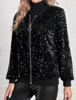 Outlet Women's Bomber Jacket Outdoor Street Daily Wear Fall Winter Short Coat Regular Fit Thermal Warm Breathable Stylish Casual Jacket Long Sleeve Plain Sequins with Pockets Women Jackets