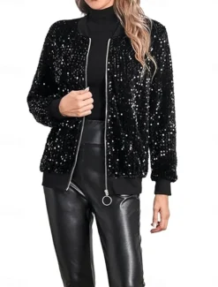 Outlet Women's Bomber Jacket Outdoor Street Daily Wear Fall Winter Short Coat Regular Fit Thermal Warm Breathable Stylish Casual Jacket Long Sleeve Plain Sequins with Pockets Women Jackets