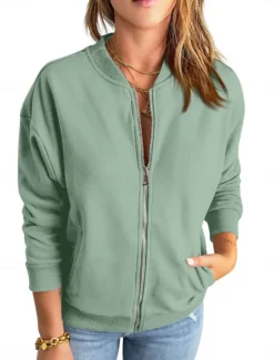 Online Women's Bomber Jacket Outdoor Street Daily Wear Fall Winter Short Coat Regular Fit Thermal Warm Breathable Stylish Casual Jacket Long Sleeve Plain with Pockets Full Zip Blue Green Apricot Women Jackets