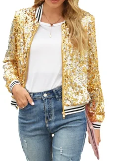Online Women's Bomber Jacket Sparkly Sequins Varsity Jacket Wedding Party Daily Spring Fall Coat Regular Fit Windproof Warm Active Elegant Casual Jacket Long Sleeve Solid Color Sequins Black Blue Gold Women Jackets