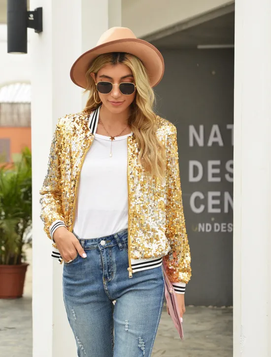Online Women's Bomber Jacket Sparkly Sequins Varsity Jacket Wedding Party Daily Spring Fall Coat Regular Fit Windproof Warm Active Elegant Casual Jacket Long Sleeve Solid Color Sequins Black Blue Gold Women Jackets