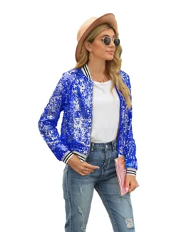 Online Women's Bomber Jacket Sparkly Sequins Varsity Jacket Wedding Party Daily Spring Fall Coat Regular Fit Windproof Warm Active Elegant Casual Jacket Long Sleeve Solid Color Sequins Black Blue Gold Women Jackets