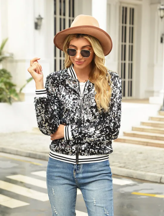 Online Women's Bomber Jacket Sparkly Sequins Varsity Jacket Wedding Party Daily Spring Fall Coat Regular Fit Windproof Warm Active Elegant Casual Jacket Long Sleeve Solid Color Sequins Black Blue Gold Women Jackets