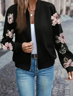 Hot Women's Bomber Jacket Warm Quick Dry Zipper Pocket Elegant Fashion Daily Simple Floral Vacation Casual Daily Holiday Short Baseball Collar Regular Fit Long Sleeve Outerwear Pink Red Fall Women Jackets