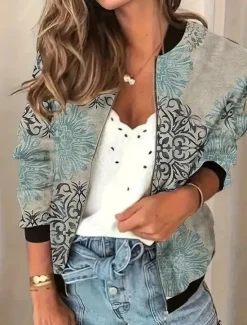 New Women's Bomber Jacket Warm Quick Dry Zipper Pocket Elegant Fashion Daily Simple Floral Vacation Casual Daily Holiday Short Baseball Collar Regular Fit Long Sleeve Outerwear Black Light Green Pink Fall Women Jackets
