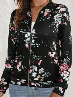 New Women's Bomber Jacket Warm Quick Dry Zipper Pocket Elegant Fashion Daily Simple Floral Vacation Casual Daily Holiday Short Baseball Collar Regular Fit Long Sleeve Outerwear Black Light Green Pink Fall Women Jackets