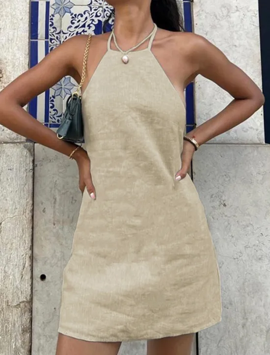 Discount Women's Summer Spring Mini Dress Cotton Linen Dresses Casual Dress Strap Dress Basic Modern Vacation Daily Weekend Loose Fit Plain Halter Neck Women Dresses