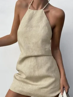 Discount Women's Summer Spring Mini Dress Cotton Linen Dresses Casual Dress Strap Dress Basic Modern Vacation Daily Weekend Loose Fit Plain Halter Neck Women Dresses