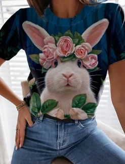 Clearance Women's Bunny Rose Crown T-shirt Blue Floral Crew Neck Stretch Casual Everyday Spring Summer Wear Multiple Sizes Women T-Shirts