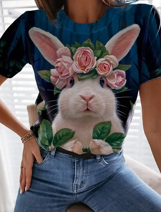 Clearance Women's Bunny Rose Crown T-shirt Blue Floral Crew Neck Stretch Casual Everyday Spring Summer Wear Multiple Sizes Women T-Shirts