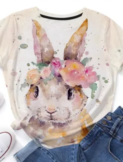 Clearance Women's Bunny Rose Crown T-shirt Blue Floral Crew Neck Stretch Casual Everyday Spring Summer Wear Multiple Sizes Women T-Shirts
