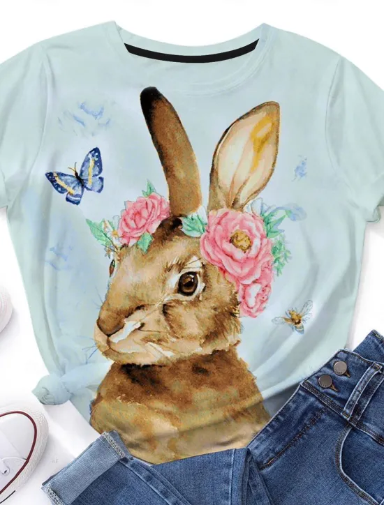 Clearance Women's Bunny Rose Crown T-shirt Blue Floral Crew Neck Stretch Casual Everyday Spring Summer Wear Multiple Sizes Women T-Shirts