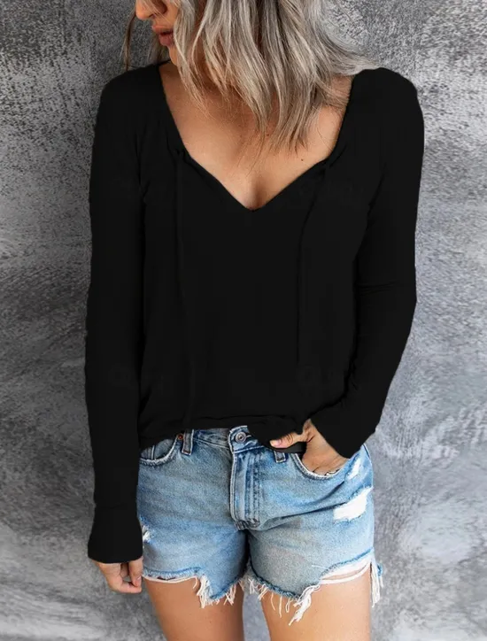 Outlet Women's Burgundy Tee Fashion Stylish Patchwork Long Sleeve Regular Tops V Neck Vacation Daily Black Red Royal Blue Fall & Winter Women T-Shirts