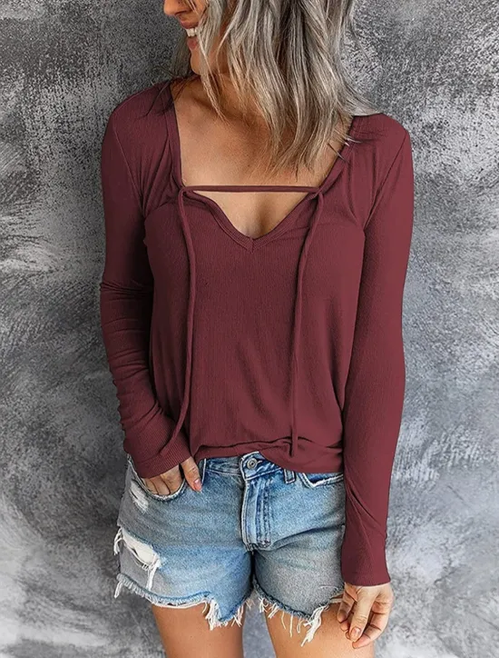 Outlet Women's Burgundy Tee Fashion Stylish Patchwork Long Sleeve Regular Tops V Neck Vacation Daily Black Red Royal Blue Fall & Winter Women T-Shirts