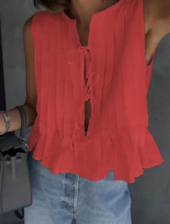 Sale Women's Button Up Cotton Linen Shirt Solid Color Basic Casual Sleeveless Crew Neck Regular Tops Daily Ruffle Black White Red Summer Spring Women Shirts