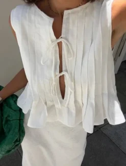 Sale Women's Button Up Cotton Linen Shirt Solid Color Basic Casual Sleeveless Crew Neck Regular Tops Daily Ruffle Black White Red Summer Spring Women Shirts