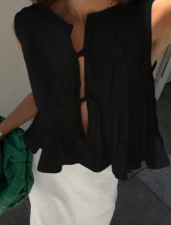 Sale Women's Button Up Cotton Linen Shirt Solid Color Basic Casual Sleeveless Crew Neck Regular Tops Daily Ruffle Black White Red Summer Spring Women Shirts