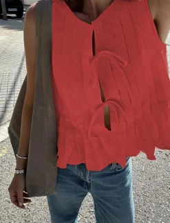 Sale Women's Button Up Cotton Linen Shirt Solid Color Basic Casual Sleeveless Crew Neck Regular Tops Daily Ruffle Black White Red Summer Spring Women Shirts