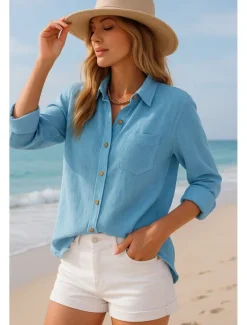 Hot Women's Button Up Cotton Linen Shirt Plain Basic Modern Long Sleeve Shirt Collar Regular Tops Daily Buttons White Blue Summer Women Shirts