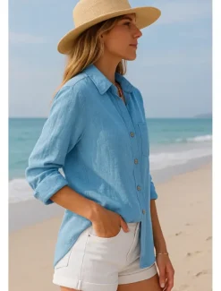 Hot Women's Button Up Cotton Linen Shirt Plain Basic Modern Long Sleeve Shirt Collar Regular Tops Daily Buttons White Blue Summer Women Shirts
