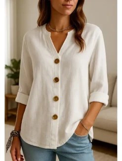 Women's Button Up Cotton Linen Shirt Plain Basic Modern Long Sleeve V Neck Regular Tops Daily Buttons Summer Women Shirts