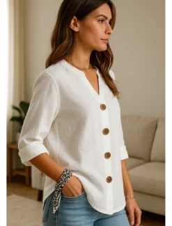 Women's Button Up Cotton Linen Shirt Plain Basic Modern Long Sleeve V Neck Regular Tops Daily Buttons Summer Women Shirts