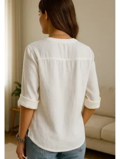 Women's Button Up Cotton Linen Shirt Plain Basic Modern Long Sleeve V Neck Regular Tops Daily Buttons Summer Women Shirts