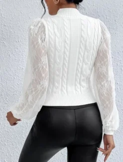 Women's Cable Knit Lace Flared Lace Sleeve Jumper Fall Winter Work Elegant Fashion Daily Solid Color Women Pullovers & Tops