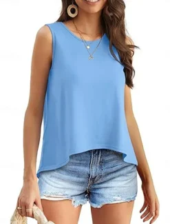 Outlet Women's Camisole Tank Top Solid Color Daily Casual Sleeveless Crew Neck Regular Tops Daily Print Khaki Light Blue Summer Women Shirts