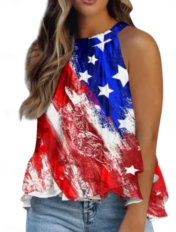 Best Women's Camisole Tank Top Flag Daily Casual Sleeveless Halter Neck Regular Tops Daily Ruffle Print Red Navy Blue Royal Blue Blue Summer Women Independence Day Top