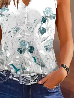 Online Women's Camisole Tank Top Ombre Floral Casual Sleeveless Notched Neck Regular Tops Daily Buttons Print Summer Women Tank Tops & Camis