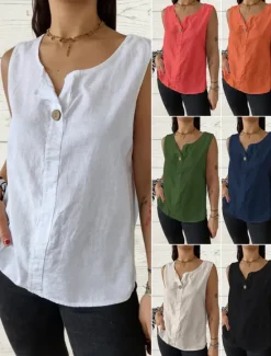 Outlet Women's Camisole Tank Top Solid Color Plain Basic Sleeveless V Neck Regular Tops Holiday Buttons White Army Green Red Beige Summer Spring Women Shirts|Tank Tops & Camis