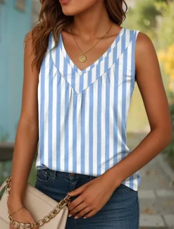 Best Women's Camisole Tank Top Graphic Striped Vintage Stylish Casual Sleeveless V Neck Long Tops Daily Print Pink Blue Purple Green Khaki Summer Spring Women Tank Tops & Camis
