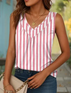 Best Women's Camisole Tank Top Graphic Striped Vintage Stylish Casual Sleeveless V Neck Long Tops Daily Print Pink Blue Purple Green Khaki Summer Spring Women Tank Tops & Camis
