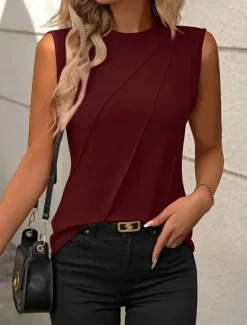 Women's Camisole Tank Top Sleeveless Round Neck White Asymmetrical Layered Elegant Draped Summer Spring Casual Workwear Regular Fit Versatile Top Clothing Apparel Women Tank Tops & Camis
