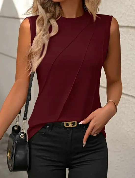 Women's Camisole Tank Top Sleeveless Round Neck White Asymmetrical Layered Elegant Draped Summer Spring Casual Workwear Regular Fit Versatile Top Clothing Apparel Women Tank Tops & Camis