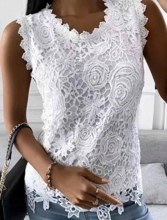 Women's Camisole Tank Top Eyelet top White Lace Shirt Women's Black White Pink Solid Color Lace Street Daily Fashion Round Neck S Women Tank Tops & Camis