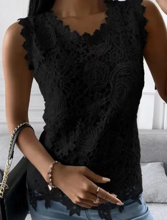 Women's Camisole Tank Top Eyelet top White Lace Shirt Women's Black White Pink Solid Color Lace Street Daily Fashion Round Neck S Women Tank Tops & Camis