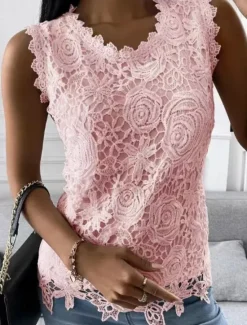 Women's Camisole Tank Top Eyelet top White Lace Shirt Women's Black White Pink Solid Color Lace Street Daily Fashion Round Neck S Women Tank Tops & Camis
