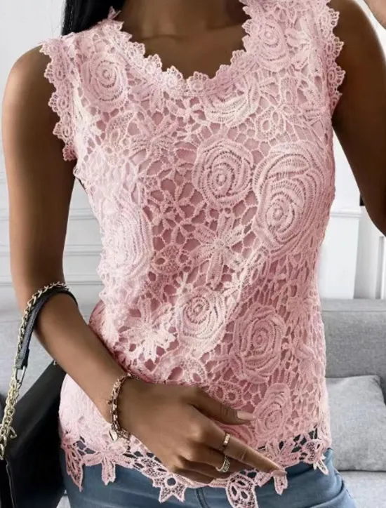Women's Camisole Tank Top Eyelet top White Lace Shirt Women's Black White Pink Solid Color Lace Street Daily Fashion Round Neck S Women Tank Tops & Camis