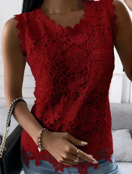 Women's Camisole Tank Top Eyelet top White Lace Shirt Women's Black White Pink Solid Color Lace Street Daily Fashion Round Neck S Women Tank Tops & Camis