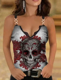 Best Women's Camisole Tank Top Going Out Tops Black Wine Red Skull Flower Lace Trims Print Sleeveless Holiday Weekend Casual V Neck Regular Floral S Women Tank Tops & Camis